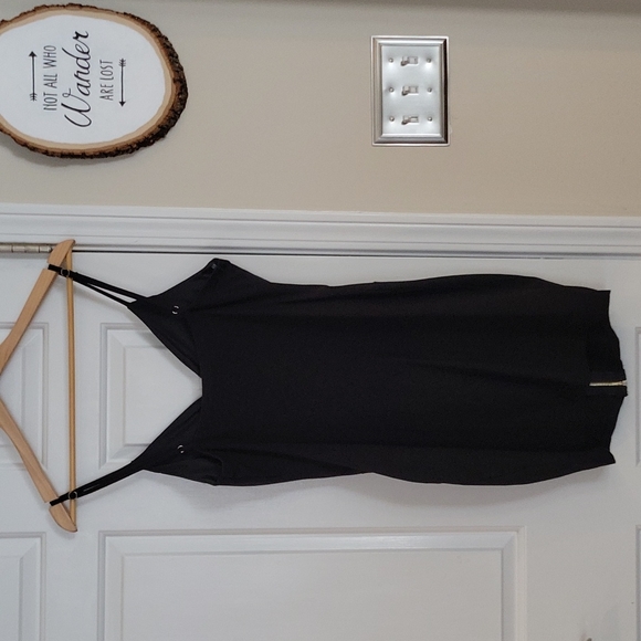 Stretchy Black Slim bodycon fitted Cocktail Dress w Gold Zipper Large - Picture 7 of 16